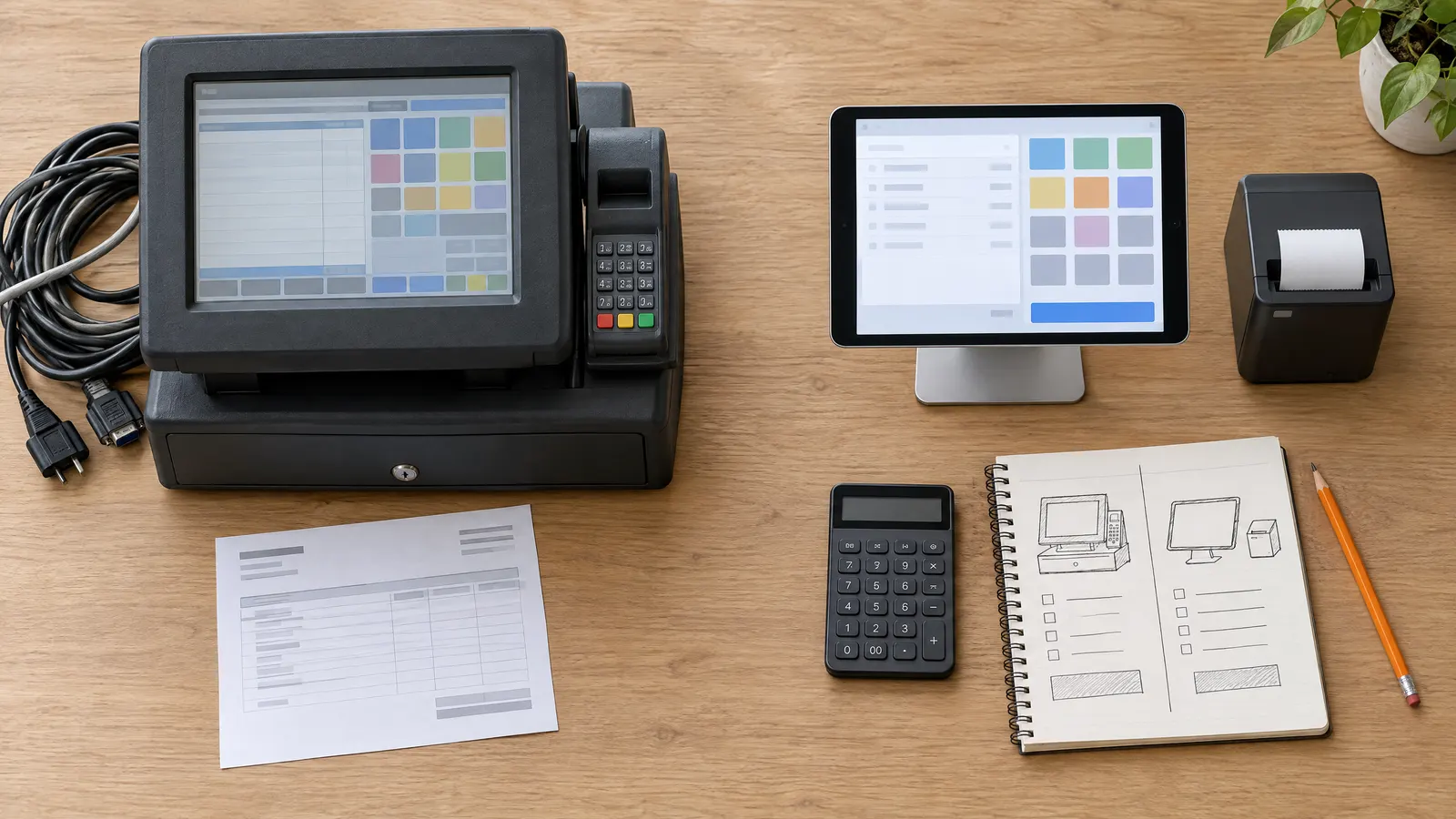 A traditional POS terminal with cash drawer beside a tablet POS, a small receipt printer, a calculator and a notebook