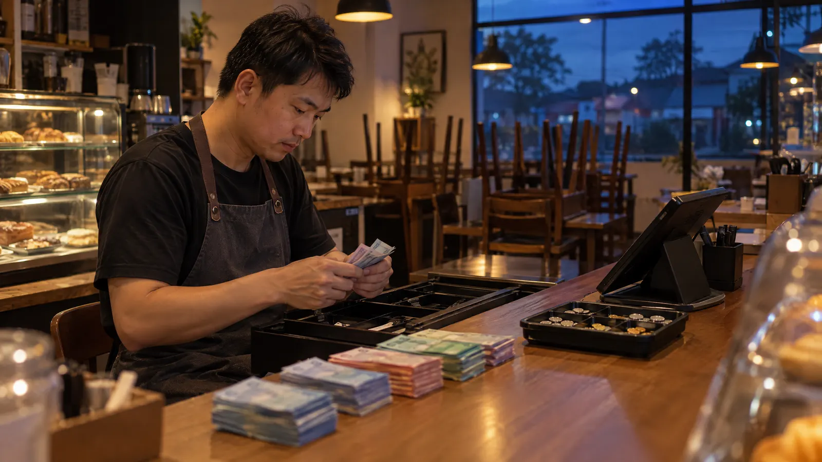 A bakery owner counting cash into stacks beside an open cash drawer and a tablet after closing