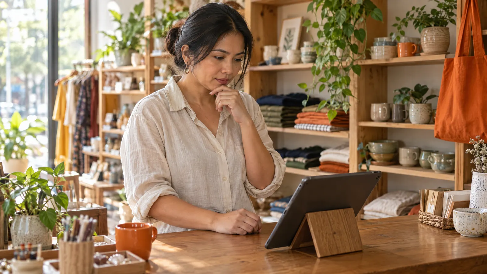 A boutique owner at her shop counter comparing options on a tablet