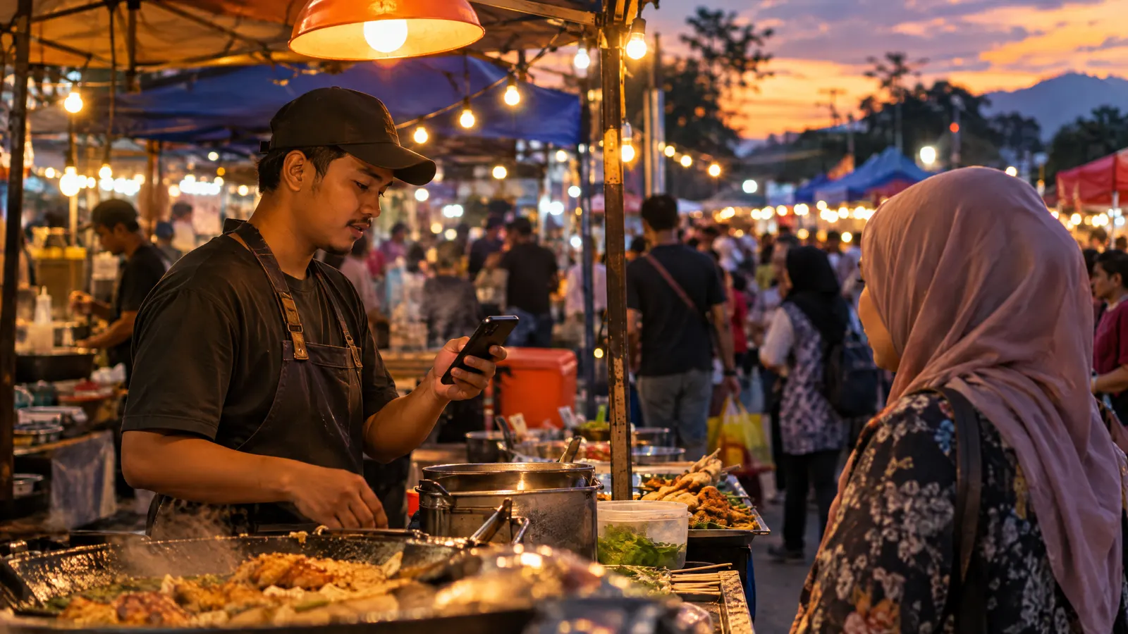 A night market stall owner taking an order on his phone at dusk